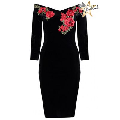 Quiz Olivia's Black Velvet Embroidered Bardot Midi Dress